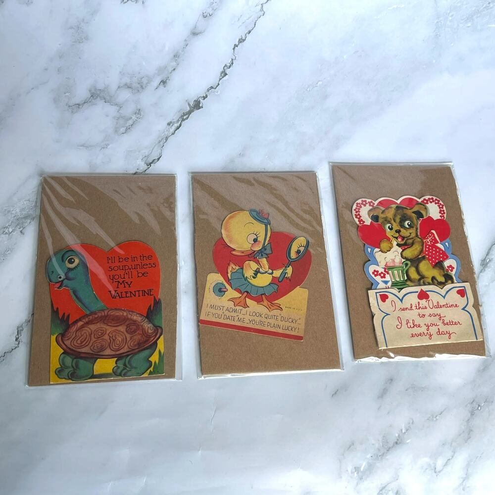 Vintage 1940s 1950s Valentine Cards Lot of 3 Die Cut Animal USA Turtle Duck Dog